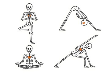 Minimal  of a smiling skeleton doing four yoga poses with an orange heart accent clean line art on white blending anatomy, mindfulness, and playful Halloween vibes.