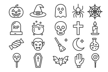 Minimalist set of 20 Halloween line icons in black outline: pumpkin, witch hat, ghost, spider, web, tombstone, cauldron, skull, cross, candle, candy, vampire, broom.