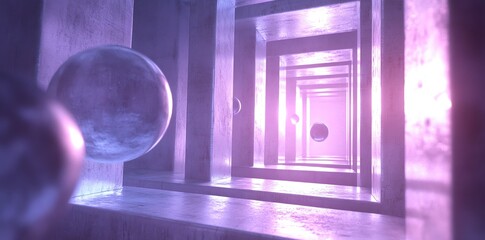 Abstract Geometric Tunnel with Floating Spheres in Purple Light