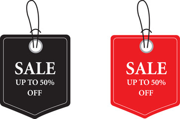 Red and black sale tags with up to 50 percent off offer