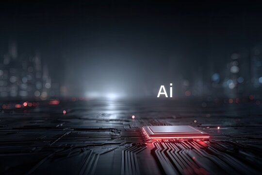 Artificial Intelligence Icon on a Futuristic Circuit Board Glowing Red in a Dark Cityscape