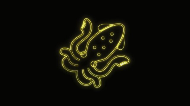Squid Icon Neon Seamless Loop 4K with Black Background Animated Promotional Typography for Video Editing