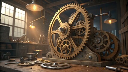 Fototapeta premium A detailed brass and steel clockwork mechanism with gears