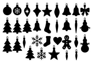 Christmas ornament set with baubles snowflakes stars bells bows trees socks hearts gingerbread man icicles and snowmen.