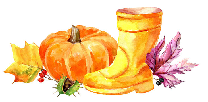 Orange pumpkin, yellow rubber boot, colorful fallen leaves and chestnut, Thanksgiving ,fall, autumn, farm, harvest, gardening, isolated image hand painted watercolor illustration, 400dpi 
