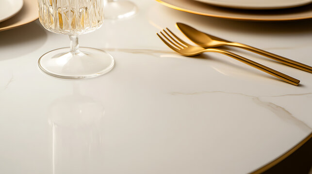 Elegant place setting featuring gold flatware and a crystal glass on a marble-patterned table for a sophisticated dining experience. - Powered by Adobe