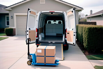 Delivery van with open rear doors and pallet jack with strapped box in driveway.