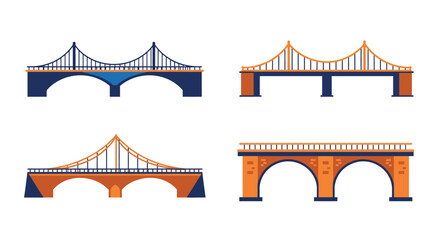 Four colorful bridge designs presented in a clean geometric illustration style