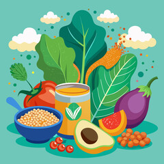 Vibrant vector illustration of healthy vegan food fruits vegetables juice and grains