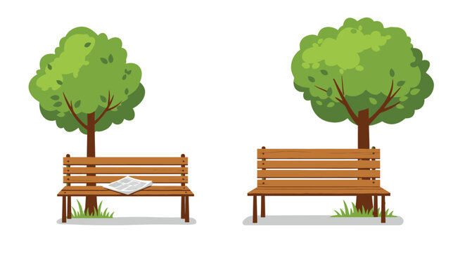 A peaceful park scene with benches under lush green trees depicted