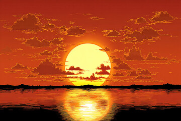 Pixelated sunset over water. The large yellow sun reflects brightly, and orange clouds dot the sky