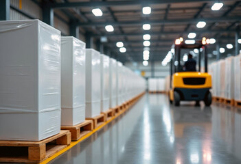 Palletized boxes wrapped in plastic in a warehouse aisle.