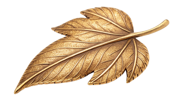 Detailed view of a golden leaf brooch isolated on a transparent background