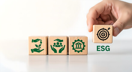 ESG Environmental Social Governance Goals Business Hand Wooden Cubes Isolated White Copy Space