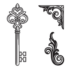 Elegant vintage key and decorative flourishes in black and white isolated on white background