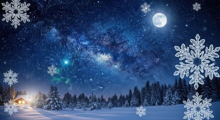 Winter night landscape with snow covered trees and snowflakes
