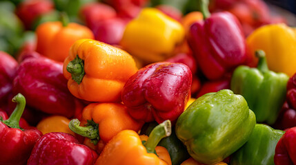 A vibrant, close-up shot of a pile of fresh bell peppers in various colors: red, yellow, orange, and green, showcasing freshness and texture.