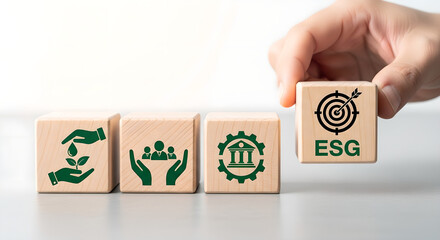ESG Concept Hand Placing Wooden Blocks Business Ethics Copy Space