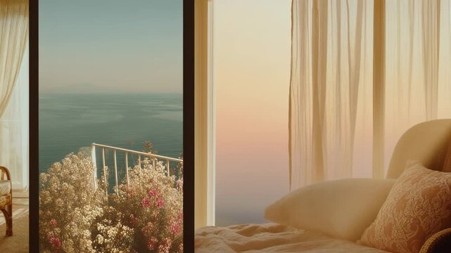 Video animation. Vintage-style lifestyle triptych showing summer by the sea: cozy interior, outdoor exterior, and scenic landscape, ethereal atmosphere, and retro charm
