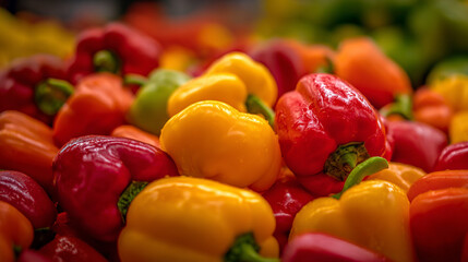 A vibrant, close-up shot of a pile of fresh bell peppers in various colors: red, yellow, orange, and green, showcasing freshness and texture.