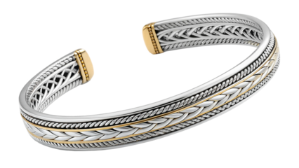 Ornate silver and gold cuff bracelet with intricate woven patterns, isolated on transparent background