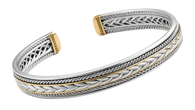 Ornate silver and gold cuff bracelet with intricate woven patterns, isolated on transparent background