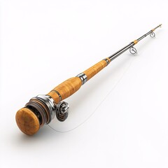 Angled studio shot displaying a fishing rod featuring a wooden handle and a metal body isolated in a white background, showcasing sport fishing equipment for outdoor recreation uses.