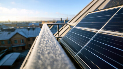 Frost on rooftop solar panels in winter morning light.