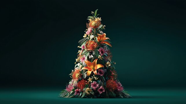 The Christmas tree is composed of flowers and leaves, set against a deep green background, with photo-realistic and cinematic style, highlighting its detailed design and festive atmosphere.