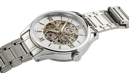 A closeup of a silver automatic skeleton watch with a white face and intricate mechanical movement, isolated on a transparent background