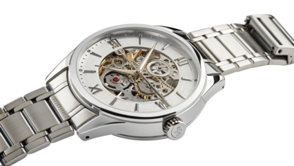 A closeup of a silver automatic skeleton watch with a white face and intricate mechanical movement, isolated on a transparent background