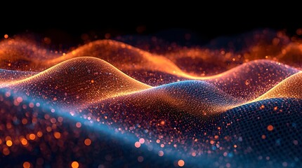 Glowing orange and blue particle waves ripple across a dark mesh grid, symbolizing sound, energy, and digital information flow, evoking futuristic motion, depth, and technological complexity.
