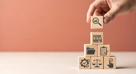 Business Process Data Analysis Compliance Management Wooden Blocks Hand Copy Space