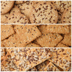 Gritty food texture in crackers with different seeds, collage