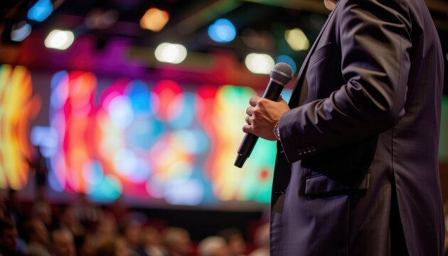 Engaging Professional Speaker on Stage at Business Conference Dynamic Presentation Modern Venue Captivating Audience