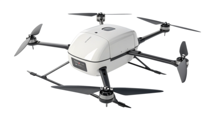 A white quadcopter drone with four propellers, isolated on transparent background