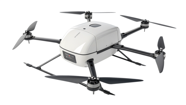 A white quadcopter drone with four propellers, isolated on transparent background