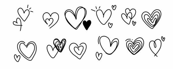 Valentine day icon set. Collection of cute hand drawn stickers with hearts