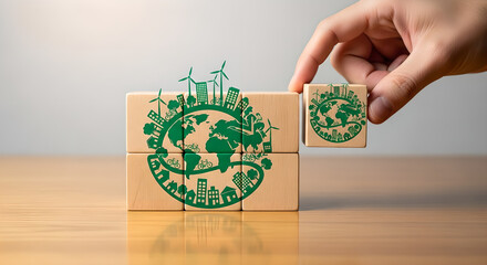 Sustainable City Green Energy Wooden Blocks Hand Placing Eco Planet Copy Space