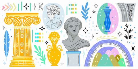 Collection of stylized ancient greek artifacts and decorative elements in a vibrant modern illustration style
