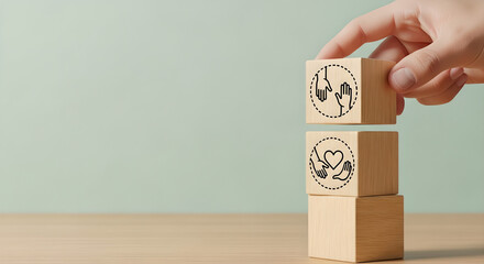 Community Support Wooden Blocks Stacking Hands Heart Icon Copy Space