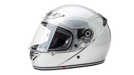 White motorcycle helmet with a clear visor, isolated on transparent background