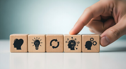 AI Artificial Intelligence Wooden Blocks Male Hand Pushing Blue Copy Space