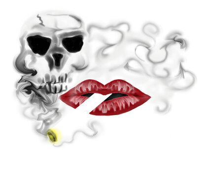 concept antitabac, bouche fumant une cigarette avec fum&eacute;e en forme de cr&acirc;ne