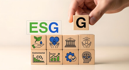 ESG Environmental Social Governance Wooden Blocks Hand Placing G Copy Space