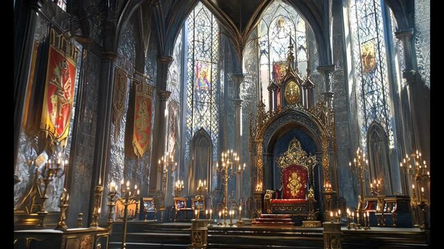 Majestic gothic throne hall with high vaulted ceilings glowing candles golden ornaments stained glass windows and royal throne creating dramatic medieval atmosphere power elegance and ancient history