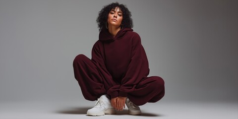 Confident young adult female in burgundy tracksuit squatting pose on gray background