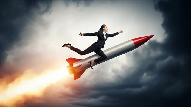 Businesswoman riding a rocket through stormy clouds