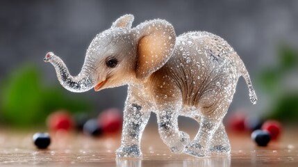 Naklejka premium A small elephant figurine is walking on a wooden surface with a few berries scattered around it. The scene is serene and peaceful, with the elephant being the main focus of the image