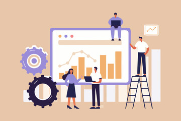 Diverse team collaborating on business growth analysis and data visualization on a large screen with charts and graphs